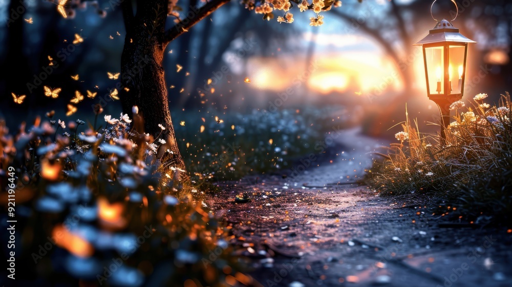 A cozy garden path lit by a lantern during dusk, surrounded by blooming flowers and glowing fireflies, evoking a peaceful and enchanting atmosphere in the twilight. A cozy garden path lit by a lantern during dusk, surrounded by blooming flowers and glowing fireflies, evoking a peaceful and enchanting atmosphere in the twilight.