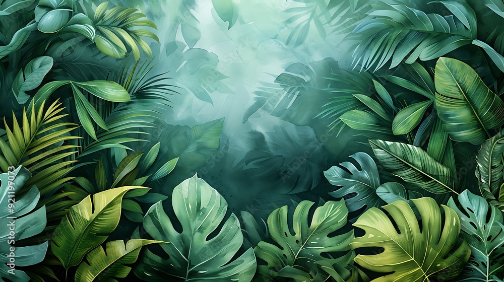 A serene watercolor pattern of tropical foliage, including monstera, palm, and banana leaves, painted in soft, pastel greens and blues, forming a seamless, calming design with smooth transitions and g A serene watercolor pattern of tropical foliage, including monstera, palm, and banana leaves, painted in soft, pastel greens and blues, forming a seamless, calming design with smooth transitions and g