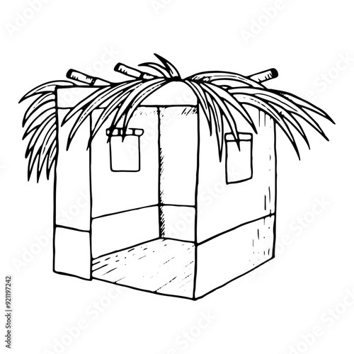 Line Sukkah with palm leaves on the top black and white vector illustration for Sukkot Jewish holiday. Hand drawn succah hut ink sketch in simple style