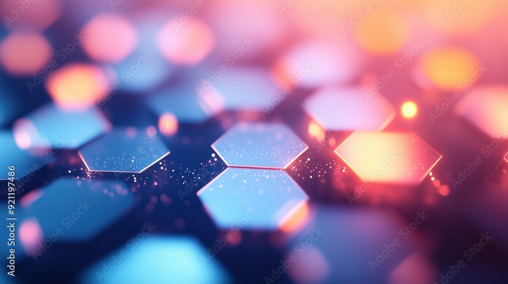 Fototapeta premium Abstract hexagonal pattern with vibrant blue and pink lights creating a modern and futuristic feel, perfect for technology themes.