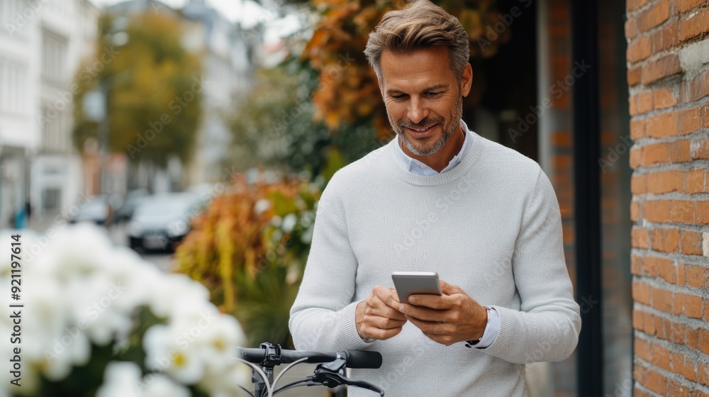 A man dressed in a white sweater is standing next to a bicycle while using his smartphone, with autumn foliage and urban environment in the background. A man dressed in a white sweater is standing next to a bicycle while using his smartphone, with autumn foliage and urban environment in the background.