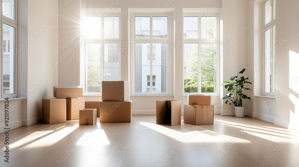 Fototapeta premium Bright, empty room with sunlight streaming through windows, showcasing cardboard boxes and a green plant, ideal for moving concepts.