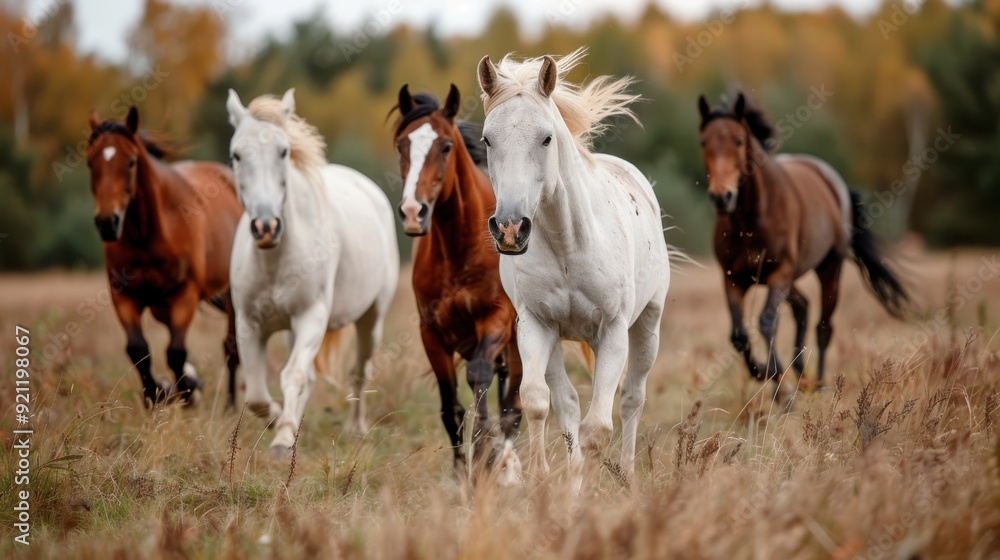 Obraz premium A dynamic shot featuring a group of brown and white horses running enthusiastically through a field, with autumn backgrounds depicting freedom and natural beauty.
