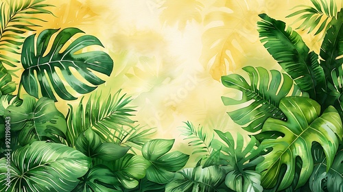 A tropical watercolor pattern showcasing an assortment of leaves such as monstera, palm, and ferns, seamlessly arranged with soft, harmonious greens and yellows, creating a continuous design with intr photo