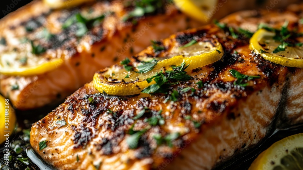 A close-up of a beautifully grilled salmon fillet with crispy skin, garnished with fresh herbs and lemon slices, highlighting its texture and delicious appearance. A close-up of a beautifully grilled salmon fillet with crispy skin, garnished with fresh herbs and lemon slices, highlighting its texture and delicious appearance.