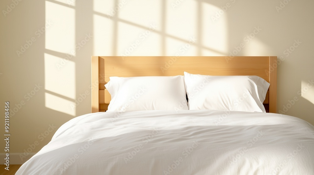 Cozy bed with white bedding in soft sunlight, creating a peaceful and inviting bedroom atmosphere. Cozy bed with white bedding in soft sunlight, creating a peaceful and inviting bedroom atmosphere.