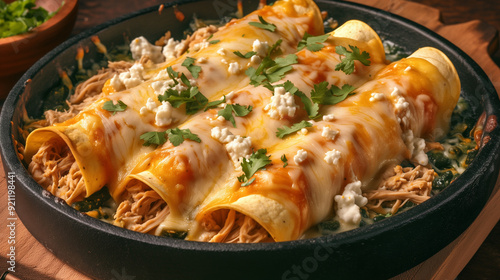 savory mexican enchiladas verdes filled with shredded chicken and topped with fresh cilantro and cheese photo