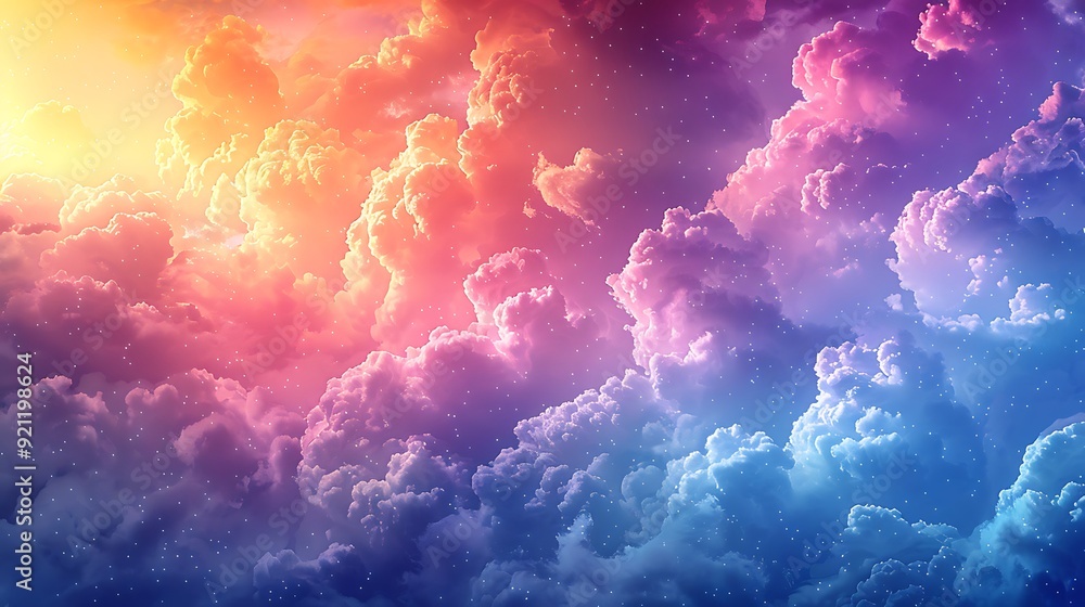 A vibrant watercolor pattern of rainbows and clouds, featuring soft, fluffy clouds and colorful rainbows, arranged in a seamless design with gentle gradients and delicate textures, creating a whimsica A vibrant watercolor pattern of rainbows and clouds, featuring soft, fluffy clouds and colorful rainbows, arranged in a seamless design with gentle gradients and delicate textures, creating a whimsica