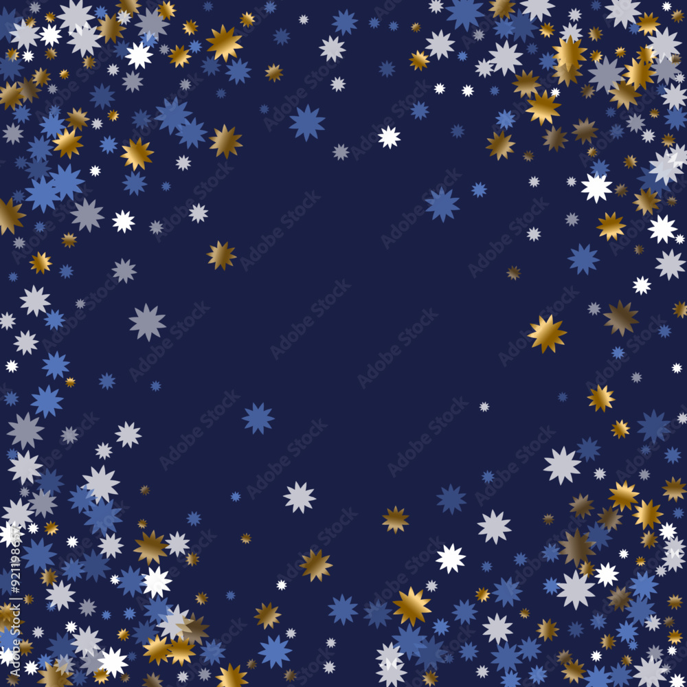 Modern Christmas star vector background graphic design. Gold blue white sparkle decoration. Banner starburst pattern. Christmas star shape glitter. Xmas blink wallpaper. Modern Christmas star vector background graphic design. Gold blue white sparkle decoration. Banner starburst pattern. Christmas star shape glitter. Xmas blink wallpaper.