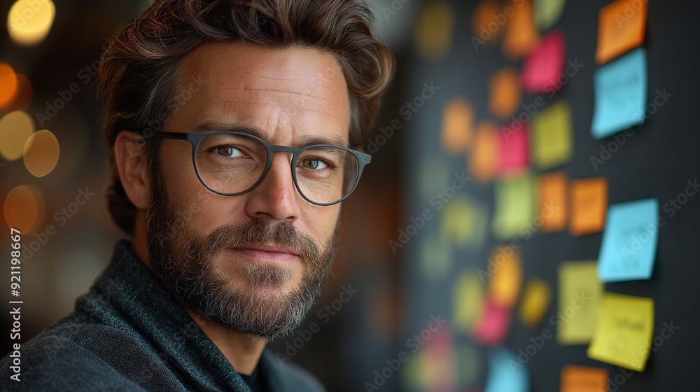 Focused male professional with glasses brainstorming project ideas using sticky notes in a modern office setting. Ideal for business strategy, leadership, and productivity visuals. Focused male professional with glasses brainstorming project ideas using sticky notes in a modern office setting. Ideal for business strategy, leadership, and productivity visuals.