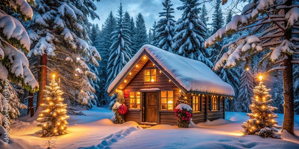 Snowy forest cabin adorned with festive lights in a winter wonderland setting, Enchanted, Christmas, Cabin, Snowy, Forest Snowy forest cabin adorned with festive lights in a winter wonderland setting, Enchanted, Christmas, Cabin, Snowy, Forest