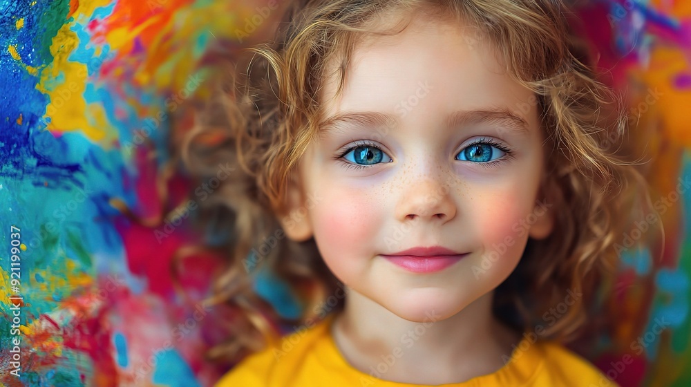 Azure Eyes of Wonder: A young girl with captivating blue eyes and golden curls beams against a vibrant, abstract backdrop Azure Eyes of Wonder: A young girl with captivating blue eyes and golden curls beams against a vibrant, abstract backdrop