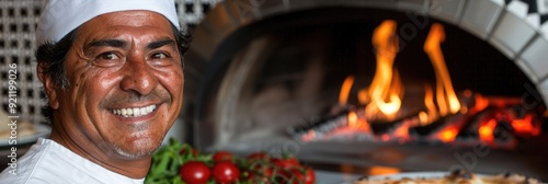 A man is smiling happily in front of a hot pizza oven, preparing food