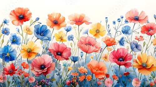 A vibrant watercolor pattern of wildflowers, featuring an array of flowers such as daisies, poppies, and bluebells, arranged in a seamless design with light, airy watercolors, creating a lively and dy