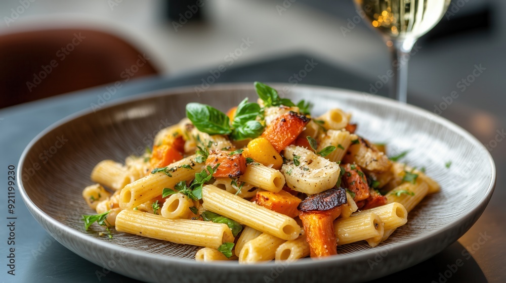 Delicious pasta dish featuring fresh vegetables, herbs, and a glass of white wine, perfect for elegant dining experiences. Delicious pasta dish featuring fresh vegetables, herbs, and a glass of white wine, perfect for elegant dining experiences.