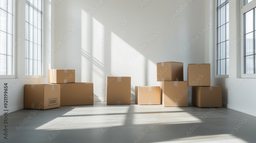 Empty room with cardboard boxes creating a minimalist space, enhanced by natural light coming through large windows. Empty room with cardboard boxes creating a minimalist space, enhanced by natural light coming through large windows.
