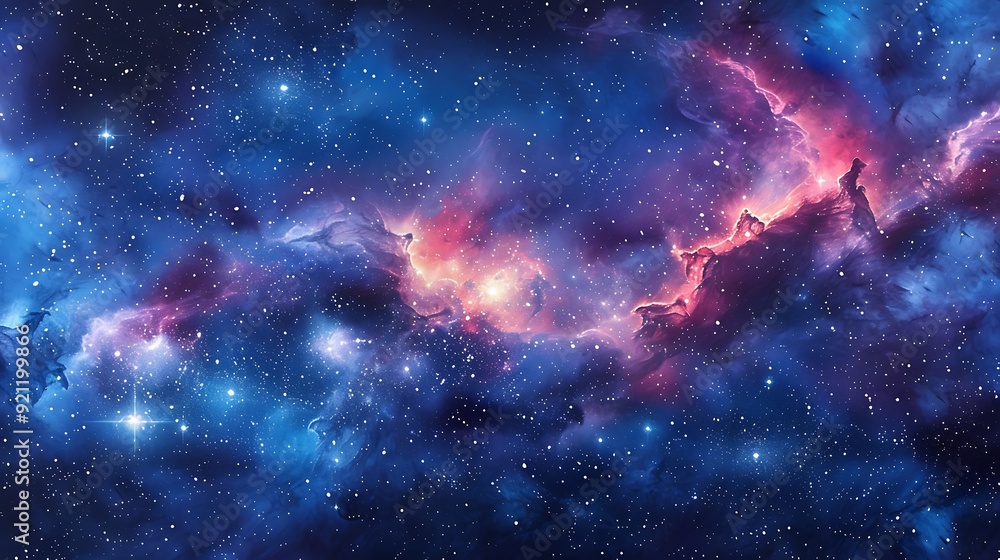 Obraz premium An artistic watercolor pattern showcasing a dreamy night sky with shimmering stars, vibrant planets, and swirling nebulas, painted in deep blues and purples, seamlessly connected with smooth transitio