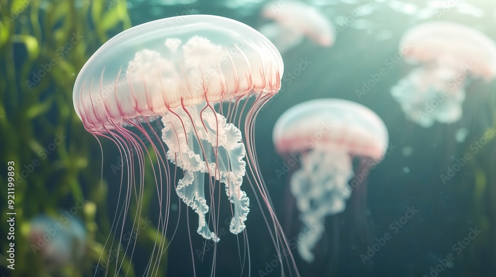 Fototapeta premium Stunning underwater scene showcasing graceful jellyfish swimming through vibrant aquatic plants, capturing the beauty of marine life.