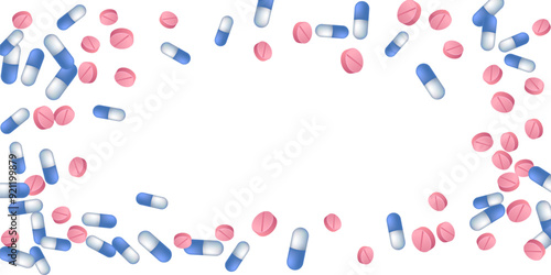 Antiviral pills medical vector illustration. Capsule drugs and tablets isolated elements. Blue white and pink  capsules, emergency treatment or vitamins. Therapy cure drugs.