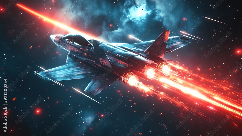 Fototapeta premium A futuristic jet soars through a vibrant cosmic landscape, leaving trails of light in its wake amidst a starry backdrop.