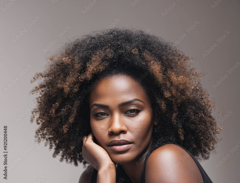 A woman with curly hair is sitting with her hand on her chin A woman with curly hair is sitting with her hand on her chin