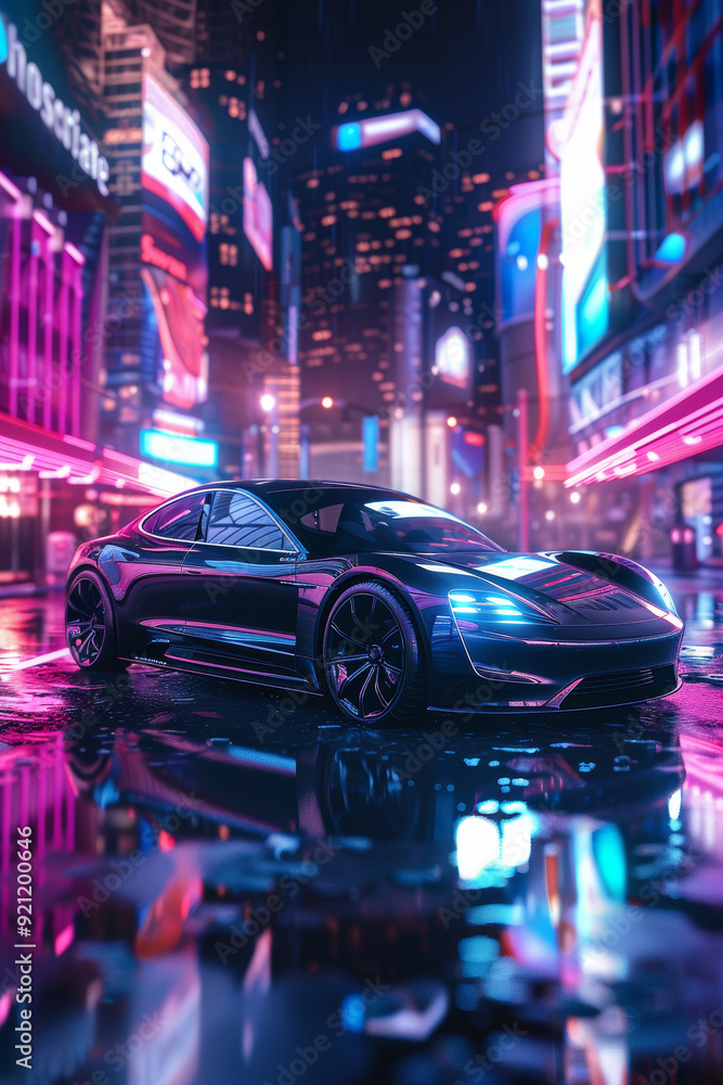 Luxury Electric Sedan Driving Through Futuristic Night Cityscape with Sleek Design and Glossy Black Finish Luxury Electric Sedan Driving Through Futuristic Night Cityscape with Sleek Design and Glossy Black Finish