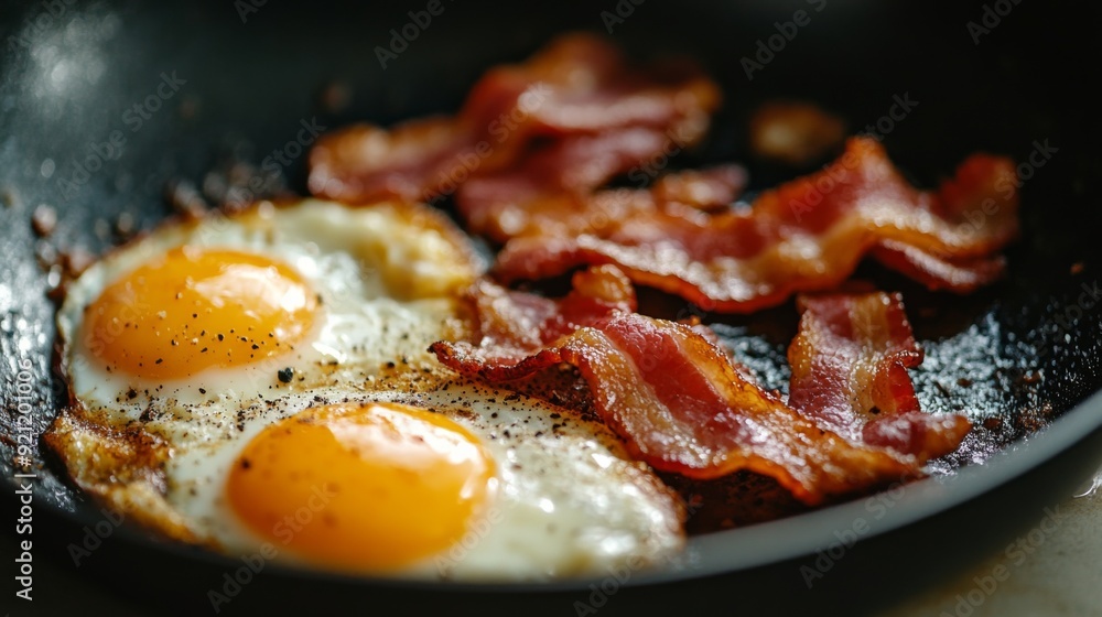 A close-up of a frying pan with a crispy breakfast bacon and eggs, showcasing the well-seasoned surface and the deliciously cooked food. A close-up of a frying pan with a crispy breakfast bacon and eggs, showcasing the well-seasoned surface and the deliciously cooked food.