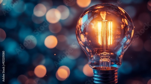 A close-up of a glowing incandescent light bulb with a warm, soft light emitting from it, highlighting the filament and the subtle details of the glass.