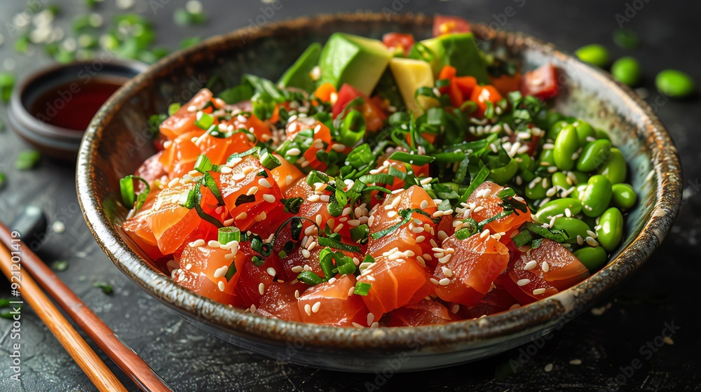 Close-Up of a Vibrant Rainbow Poke Bowl with Fresh Tuna, Avocado, and Edamame