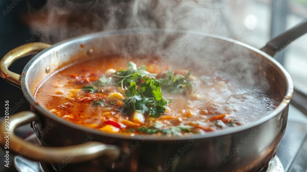 A close-up of a hot and spicy stew in a pot with steam escaping from the lid, showcasing the hearty and flavorful nature of the dish and the warmth it provides. A close-up of a hot and spicy stew in a pot with steam escaping from the lid, showcasing the hearty and flavorful nature of the dish and the warmth it provides.