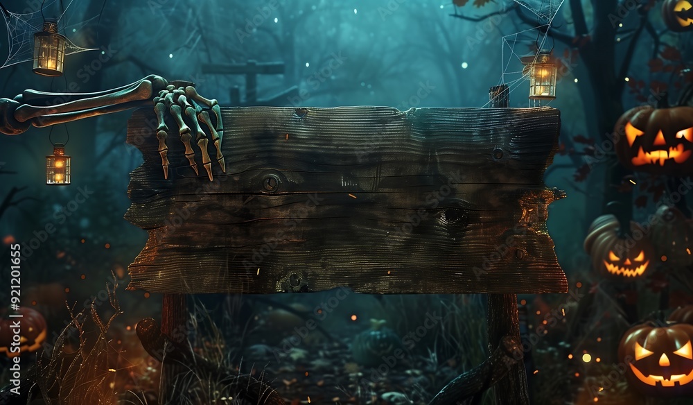 Skeletal hands and glowing jack-o'-lanterns emerge from an old wooden sign, a charming forest scene perfect for Halloween decorations or a spooky backdrop.Generative AI. Skeletal hands and glowing jack-o'-lanterns emerge from an old wooden sign, a charming forest scene perfect for Halloween decorations or a spooky backdrop.Generative AI.
