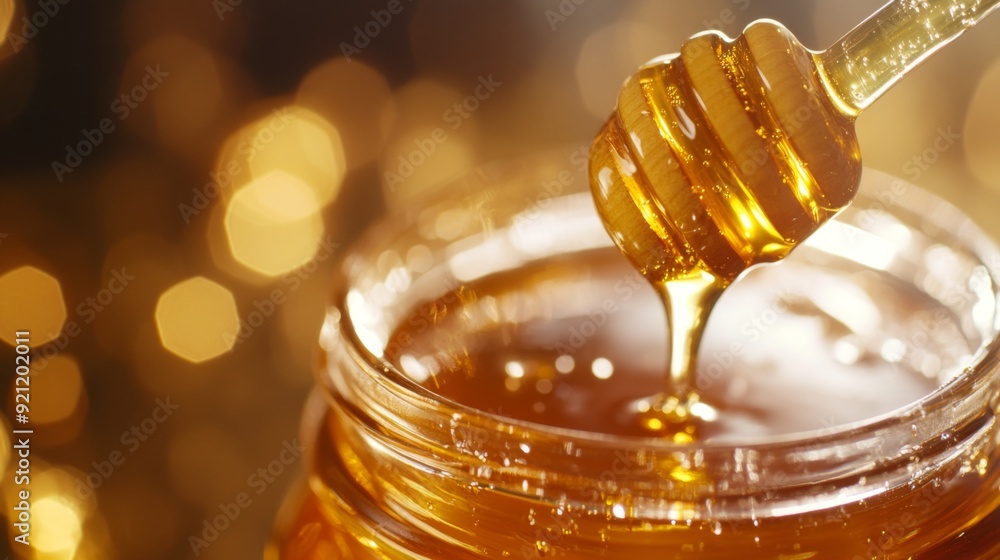 Φωτογραφία A close-up of a jar of golden honey with a honey dipper drizzling the sweet liquid, highlighting the rich texture and natural color of the honey