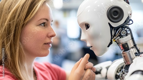 a woman is looking at robot