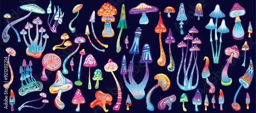Set of Stylized colorful Magic Mushrooms, Handmade vector 