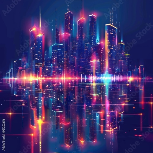 Vector illustration urban architecture, cityscape with space and neon light effect. Modern hi-tech, science, futuristic technology concept. Abstract digital high tech city design for banner background