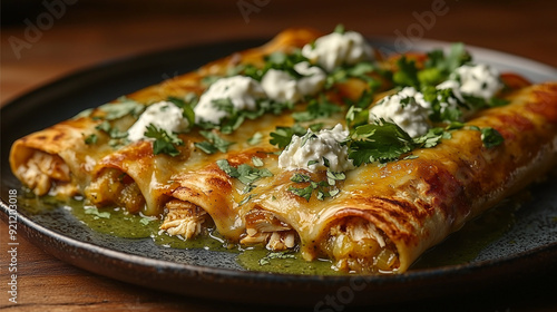 hearty enchilada verde with flavorful chicken filling and topped with melted cheese and cilantro