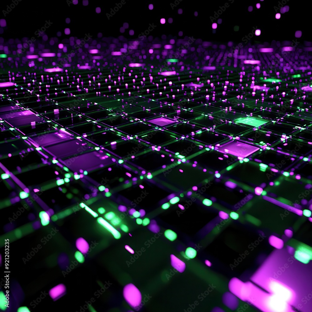 Illuminated 3D Grid of Green and Purple Squares on Black Background in Perspective Grid Style Illuminated 3D Grid of Green and Purple Squares on Black Background in Perspective Grid Style