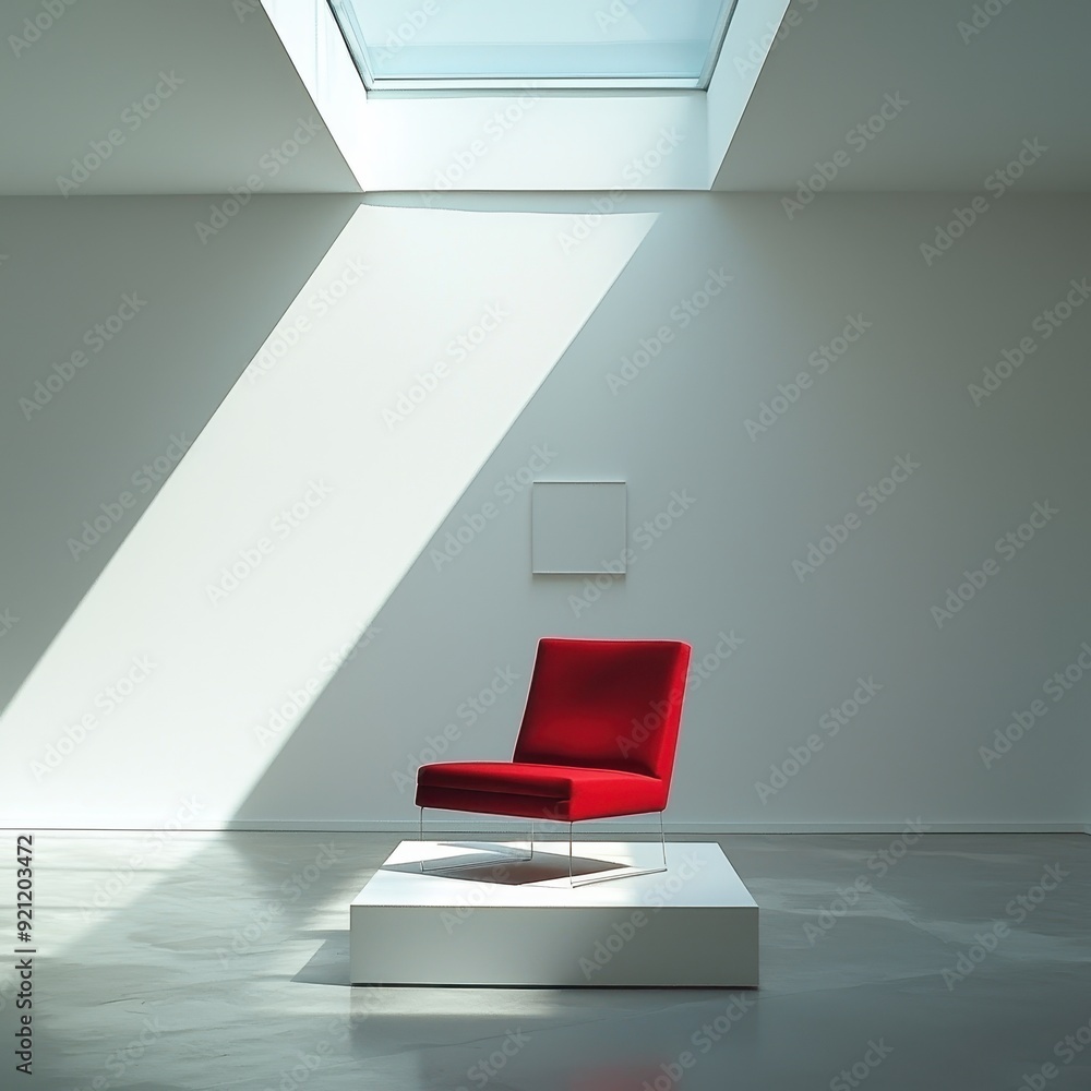 Modern Red Chair with Minimalistic Design on White Plinth under Skylight - Elegant Interior Concept Modern Red Chair with Minimalistic Design on White Plinth under Skylight - Elegant Interior Concept