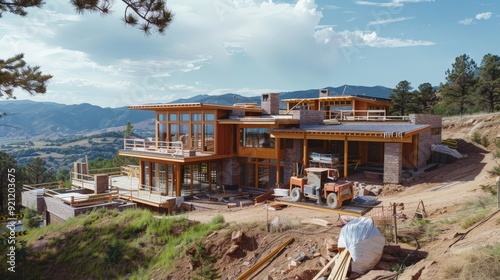 A hillside home being built, designed to take advantage of the natural landscape and offer breathtaking views from every room.