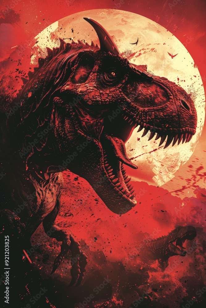 A horrific vision of a horned, demonic Tyrannosaurus Rex roars fiercely ...