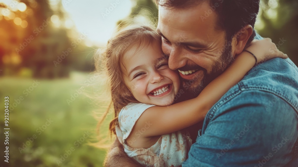 Father and daughter sharing a warm embrace in a sunlit outdoor setting, highlighting love and family connection Father and daughter sharing a warm embrace in a sunlit outdoor setting, highlighting love and family connection