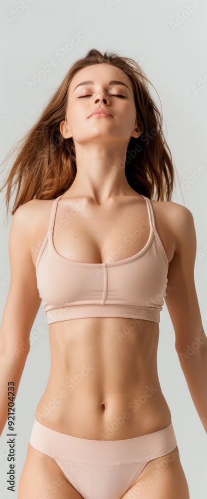 Full-body shot of Asian woman doing jumping jacks, clear white background, bright natural light, copy space Full-body shot of Asian woman doing jumping jacks, clear white background, bright natural light, copy space