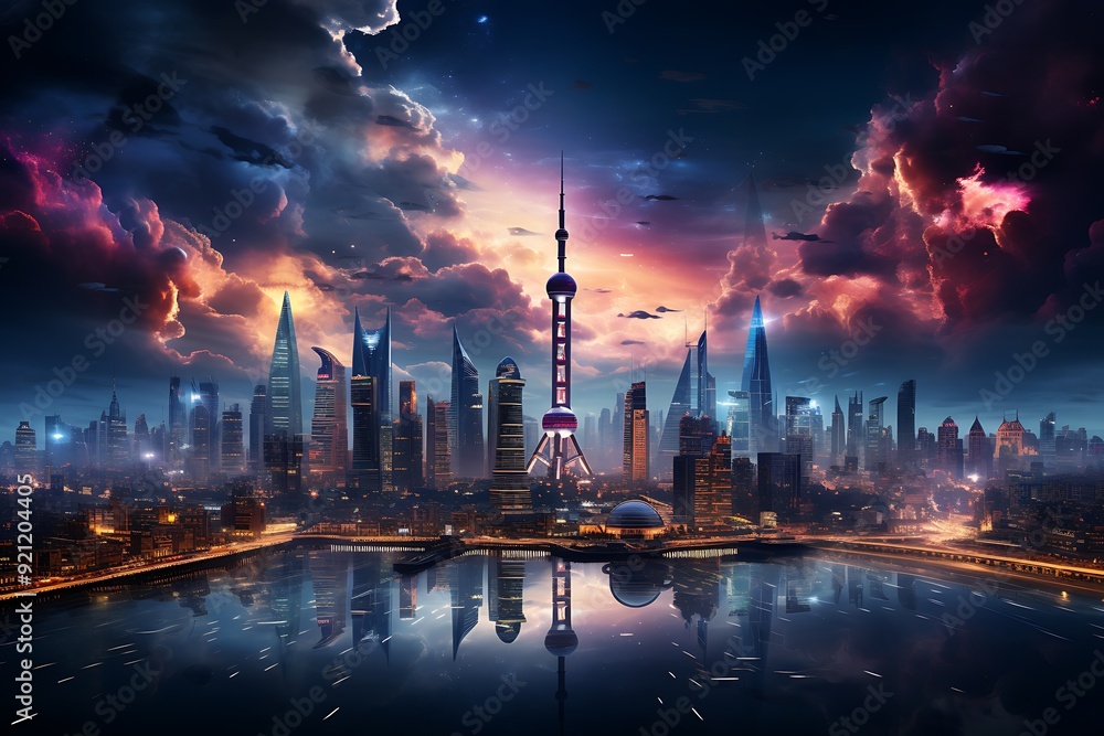 A city skyline with a tall tower in the middle futuristic city background AI Generated A city skyline with a tall tower in the middle futuristic city background AI Generated