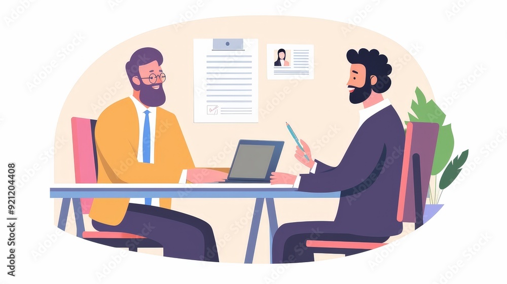 A manager conducting a performance review with an employee, providing constructive feedback and setting future goals. A manager conducting a performance review with an employee, providing constructive feedback and setting future goals.
