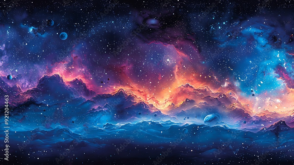 Fototapeta premium A captivating watercolor pattern of a dreamy night sky, featuring twinkling stars, vibrant planets, and swirling nebulas in rich blues and purples, seamlessly integrated with smooth transitions and de