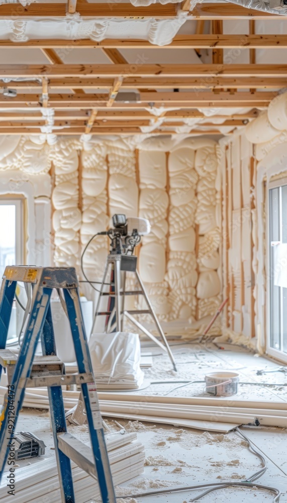 Professional Team Installing High Density Spray Foam Insulation in New Commercial Building for Energy Efficiency Professional Team Installing High Density Spray Foam Insulation in New Commercial Building for Energy Efficiency