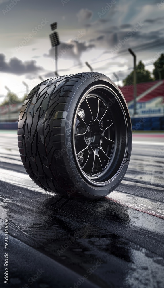 High-Performance Racing Tires on a Speed Track at Dusk - Engineered for Ultimate Grip and Speed