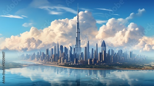 A city skyline with a tall building in the middle futuristic cityscape AI Generated