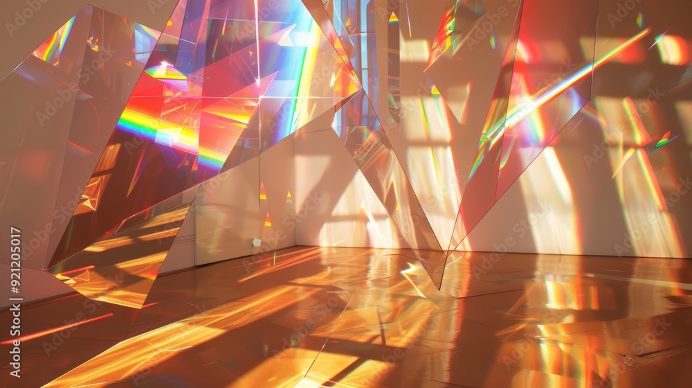 A room with a white wall and wooden floor filled with light refracted from an installation of glass prisms. A room with a white wall and wooden floor filled with light refracted from an installation of glass prisms.
