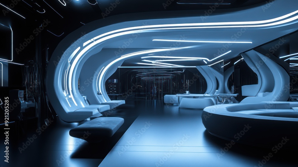 A large room with white furniture and blue lighting A large room with white furniture and blue lighting